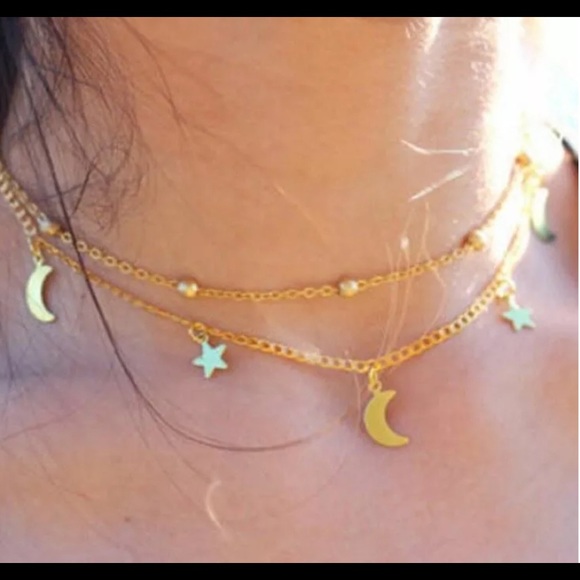 Gold Plated Double Layer Star & Moon Necklace - Picture 2 of 3